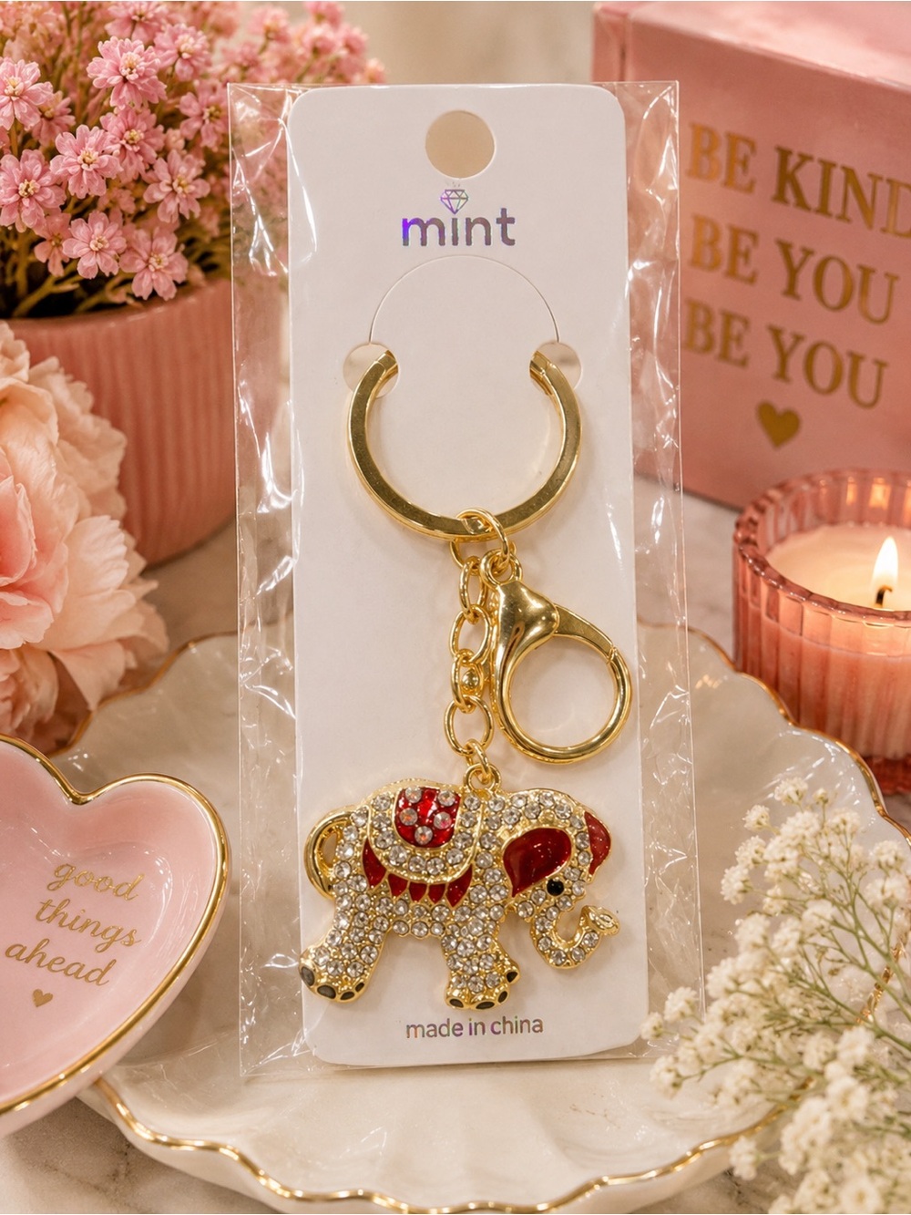 Mint Gold-Tone Elephant Keychain with Red Accents